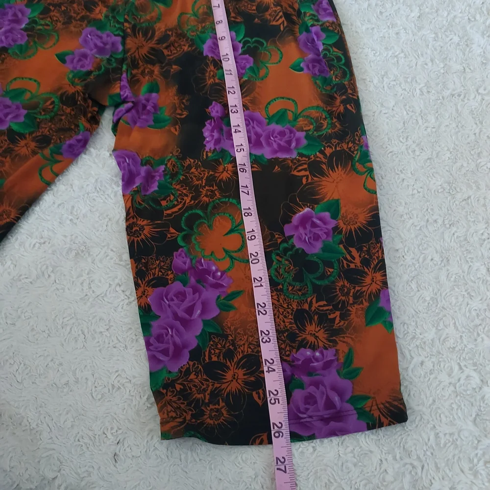 Floral Two-Piece Capri Loungewear Set Purple & Orange Print Comfy Relaxed Fit